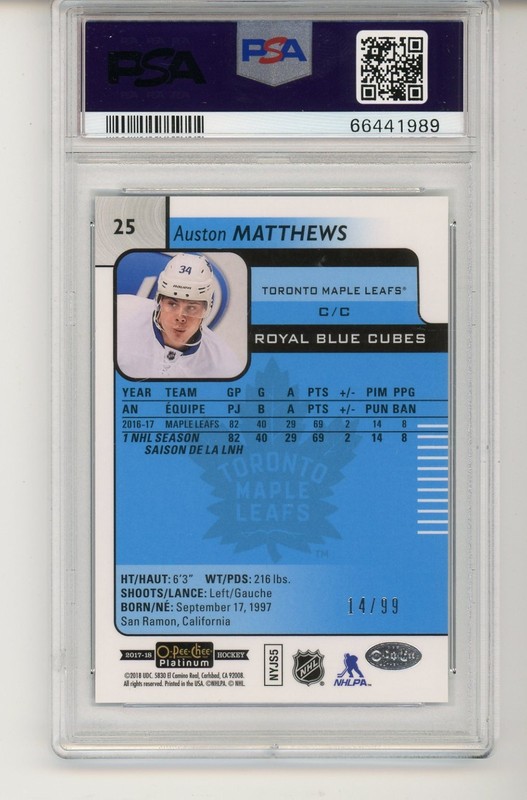 2017-18 O-PEE-CHEE PLATINUM HOCKEY ROYAL BLUE CUBES AUSTON MATTHEWS 14/99 PSA 9 view 2