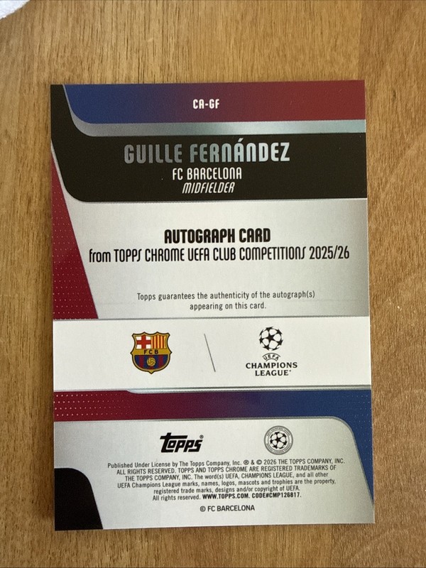 2025-26 Topps UEFA Club Competitions Guille Fernandez (RC) #BA-GF Auto Barcelona view 2