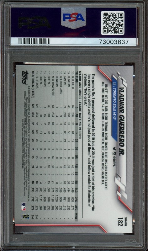 2020 Topps Chrome Sapphire Edition #182 Vladimir Guerrero Jr. PSA 9 (MINT) view 2