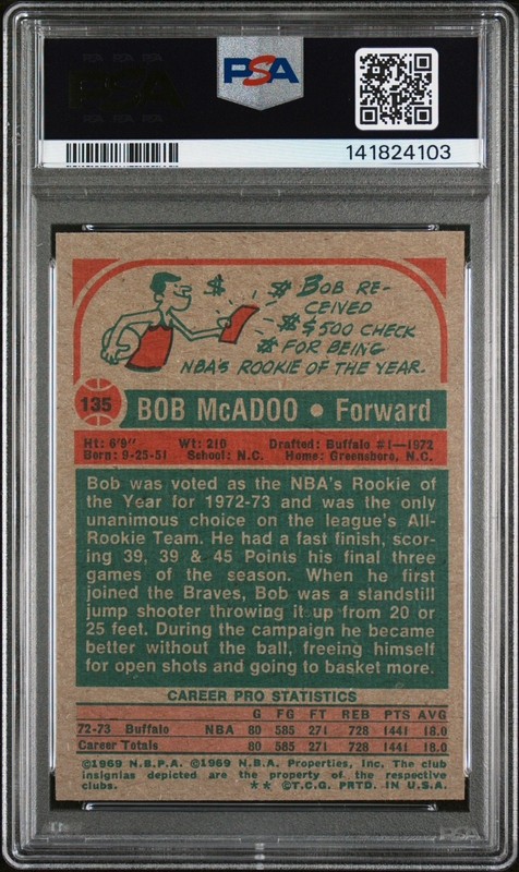 vintage PSA 5 - TOPPS 1973 BOB McADOO ROOKIE RC BASKETBALL CARD #135 - BRAVES view 2
