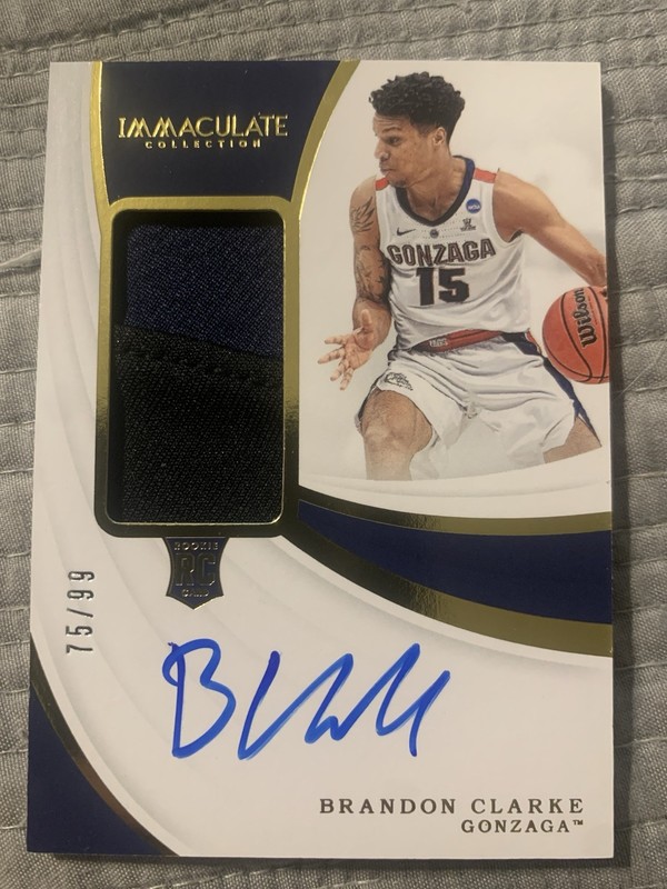 2019 Panini Immaculate Collegiate Brandon Clarke Rookie Patch/Auto RPA -Gonzaga