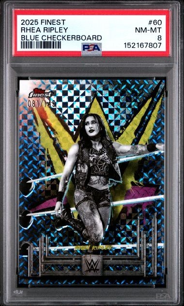 2025 TOPPS FINEST WWE #60 RHEA RIPLEY BLUE CHECKERBOARD #/149 PSA 8 MAMI POP  1