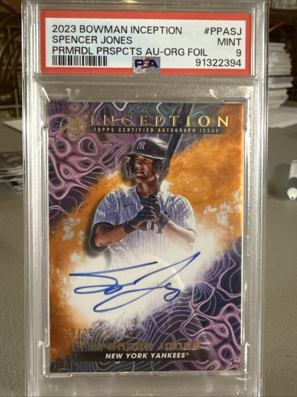 Spencer Jones 2023 Bowman Inception AUTO ORANGE FOIL /25 - PSA 9 YANKEES