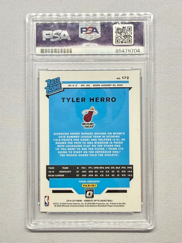 2019/20 Panini Optic TYLER HERRO RATED ROOKIE Signed/Auto #172 Heat PSA DNA view 2