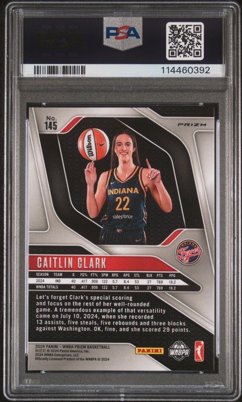 2024 Prizm WNBA Caitlin Clark Orange Velocity Rookie RC #145 PSA 9 Fever S1 view 2