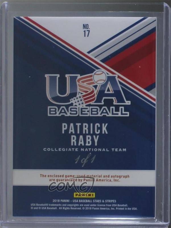2018 Panini USA Baseball Stars & Stripes Jerseys 1/1 Patrick Raby Patch Auto 0g4 view 2