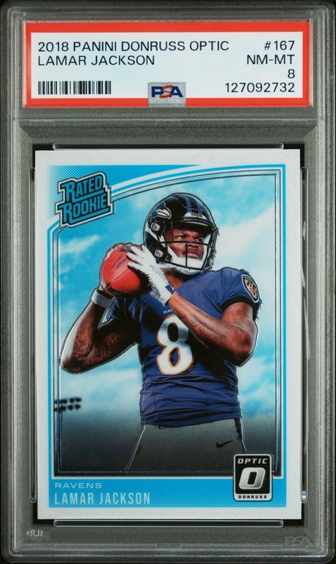 LAMAR JACKSON 2018 PANINI DONRUSS OPTIC ROOKIE RC #167 PSA 8 NM-MINT RAVENS