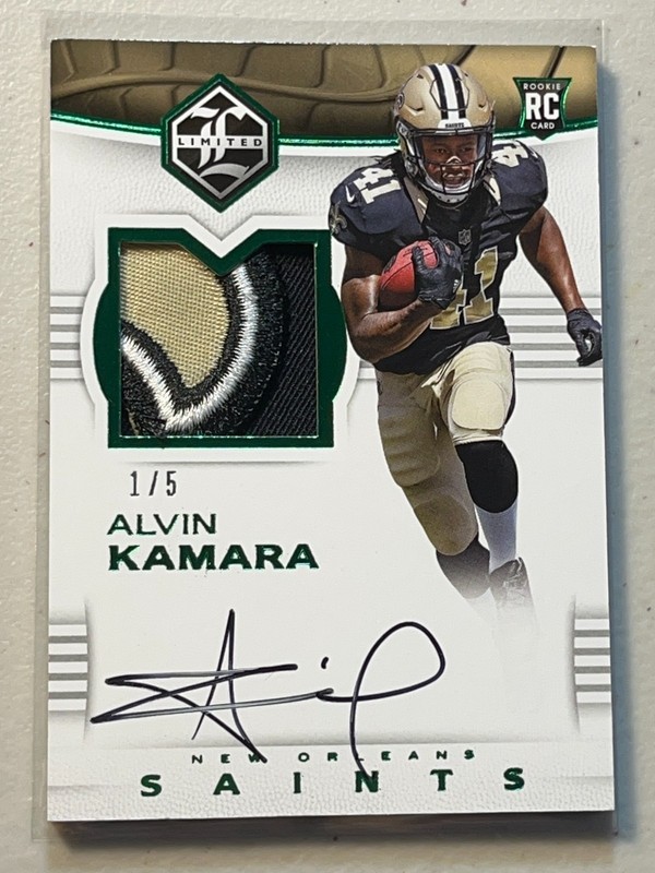 Alvin Kamara (READ) 2017 Panini Limited /5 Spotlight Emerald RPA Patch Auto RC view 1