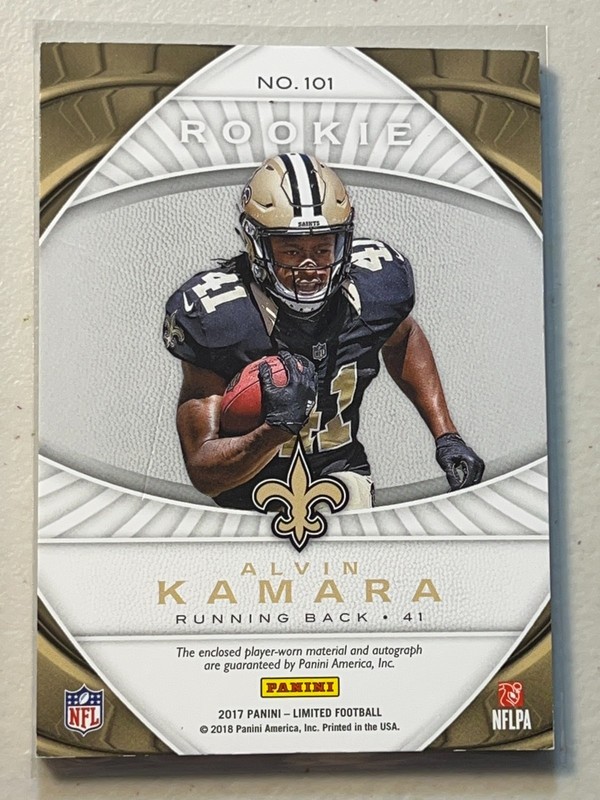 Alvin Kamara (READ) 2017 Panini Limited /5 Spotlight Emerald RPA Patch Auto RC view 2