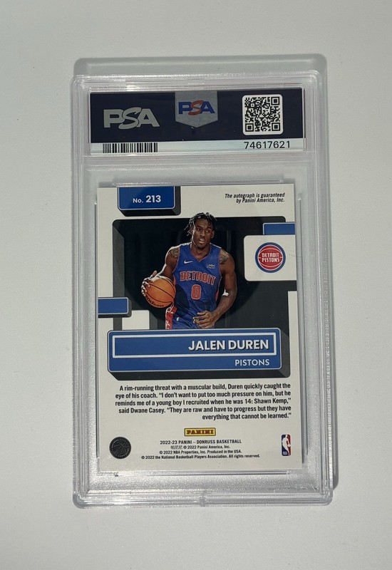 2022-23 Panini Donruss - Rated Rookie Jalen Duren #213 Holo Laser Auto /99 PSA 9 view 2