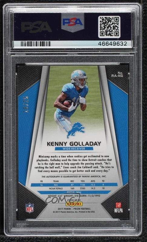 2017 Panini Prizm Rookie Camo 19/25 Kenny Golladay #RA-KG PSA 10 GEM MT Auto 5ov view 2
