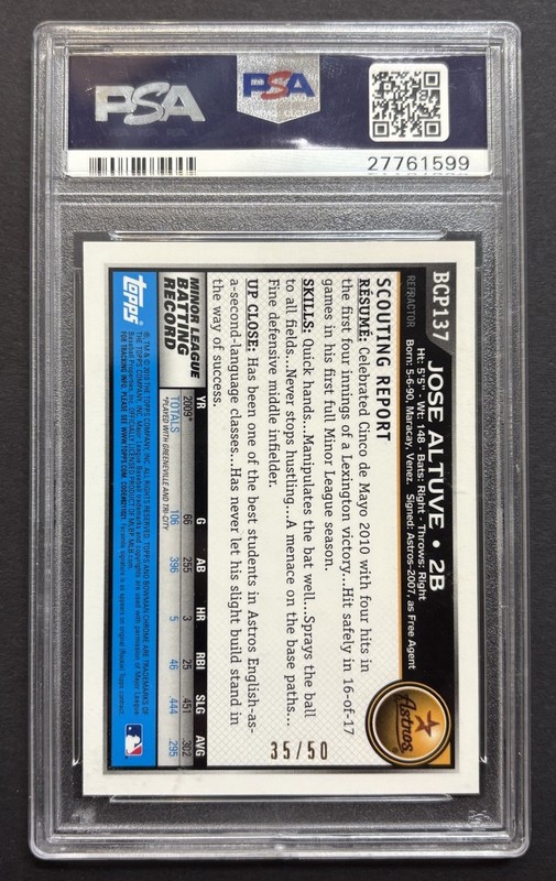 2010 Bowman Chrome Jose Altuve First Year Gold Refractor /50 PSA 8 Astros view 2