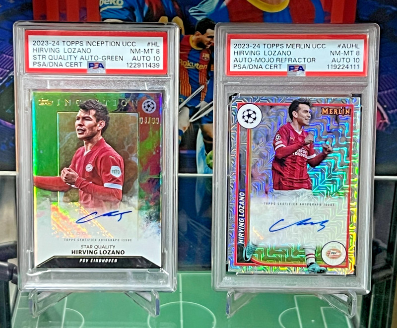 2 Hirving Lozano Lot 2023-24 Merlin UEFA Mojo /150 + Inception /99 PSA 8 Auto 10