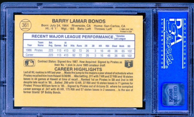 1987 Donruss Barry Bonds Rookie RC #361 PSA 9 Mint Pittsburgh Pirates SF Giants view 2