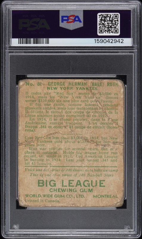 1933 Canadian Goudey World Wide Gum #80 Babe Ruth PSA 1 mc view 2