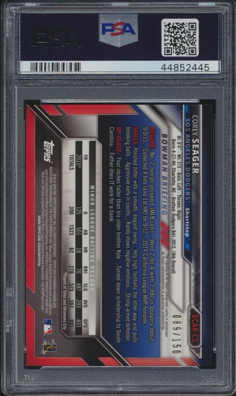2016 Bowman Chrome COREY SEAGER BCAR-CS RC Blue Refractor Auto 89/150 PSA 9/10. view 2