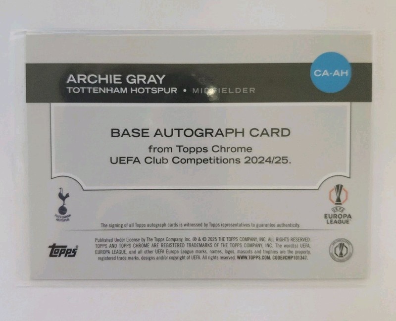 2024 Topps Chrome UEFA UCC Archie Gray RC Rookie Auto Green Lava 17/99 view 2