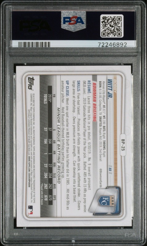 Bobby Witt Jr 2020 Bowman 1st Bowman Paper Prospects PSA 10 view 2