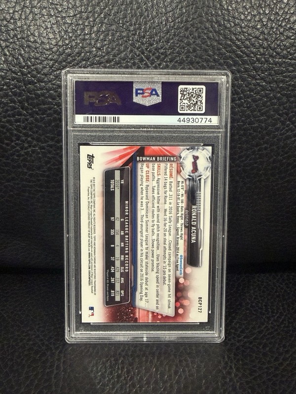 Bowman 2017 Bowman Ronald Acuña Jr. Chrome Prospects #BCP127 1st RC PSA 9 view 2