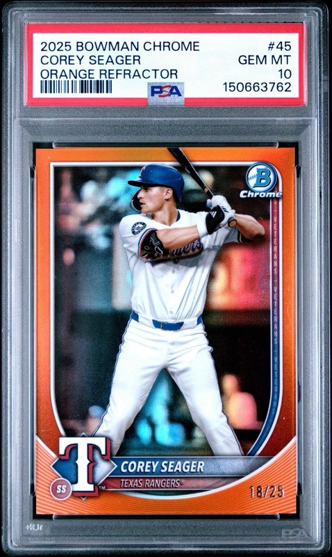 COREY SEAGER 2025 BOWMAN CHROME ORANGE REFRACTOR RANGERS /25 PSA 10