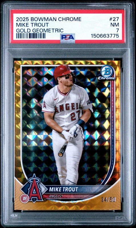 2025 Bowman Chrome Mike Trout #27 True Gold Geometric Refractor /50 Angels PSA 7