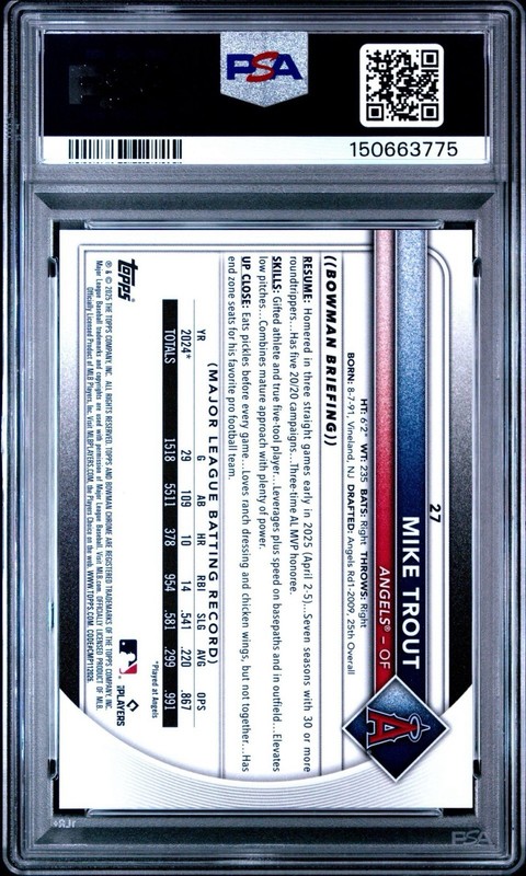 2025 Bowman Chrome Mike Trout #27 True Gold Geometric Refractor /50 Angels PSA 7 view 2
