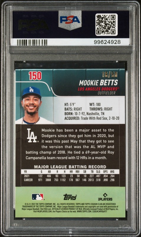 2022 Topps Stadium Club Chrome Mookie Betts Gold Refractor /50 PSA 10 GEM MINT view 2