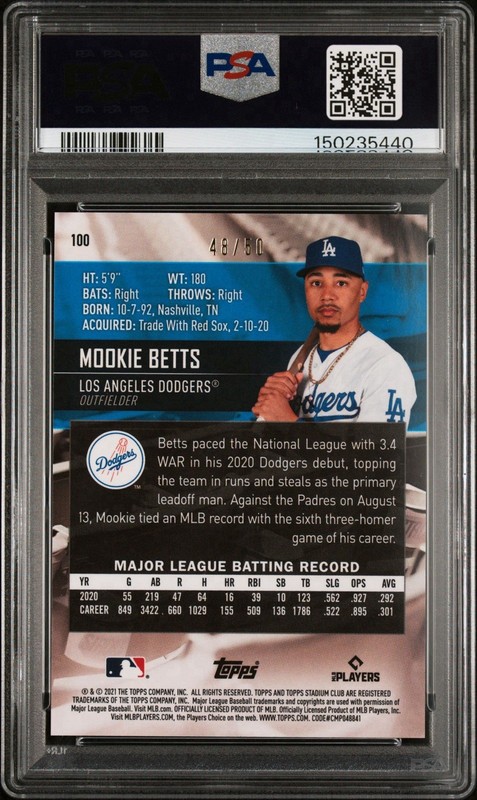 2021 Topps Stadium Club Chrome Mookie Betts Gold Refractor /50 PSA 10 GEM MINT view 2