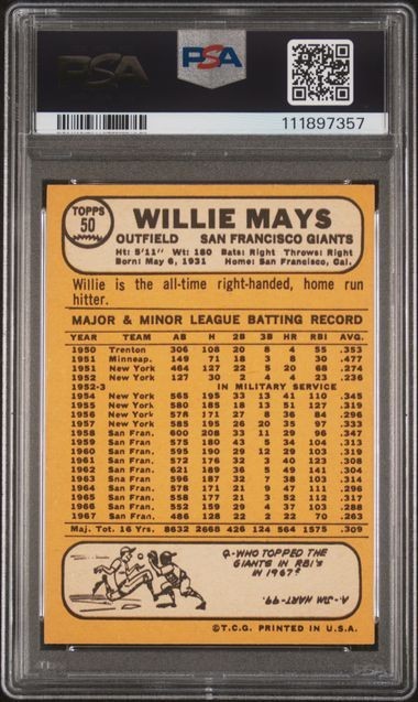 1968 TOPPS #50 WILLIE MAYS PSA 5 view 2