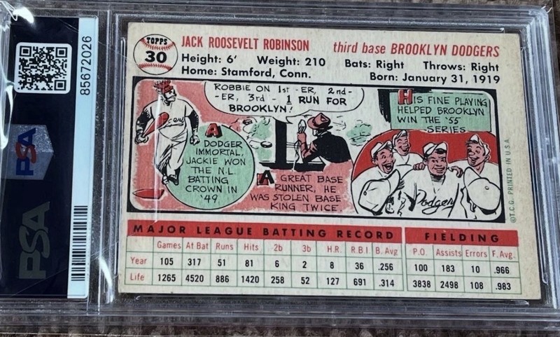 1956 Topps Jackie Robinson White Back #30 VG-EX PSA 4 (MC) Brooklyn Dodgers HOF. view 2