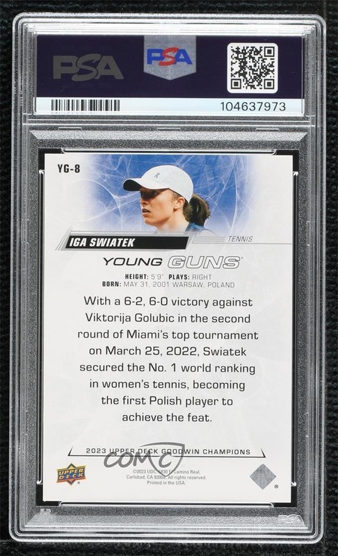 2023 Goodwin Champions Upper Deck Young Guns Exclusives Iga Swiatek PSA 8 00ws view 2