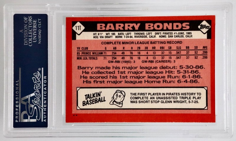 1986 Topps Traded Barry Bonds Rookie #11T PSA 9 Mint Pirates RC A1 view 2