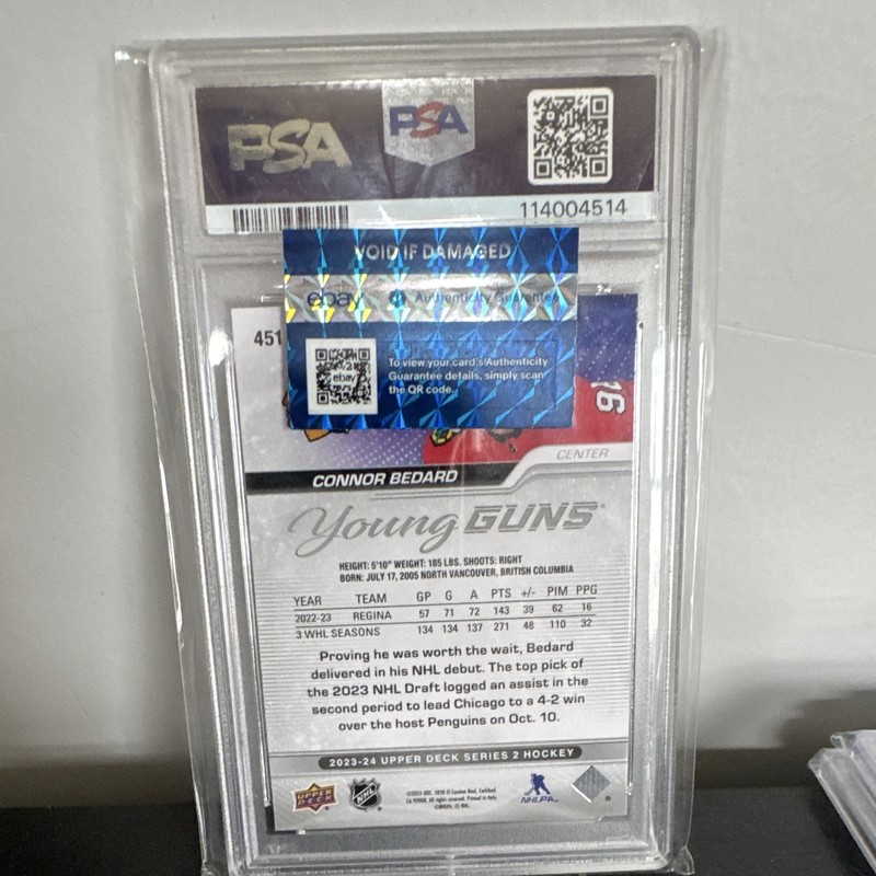 Upper Deck 2023-24 Connor Bedard Young Guns #451 PSA 9 Rookie Blackhawks view 2