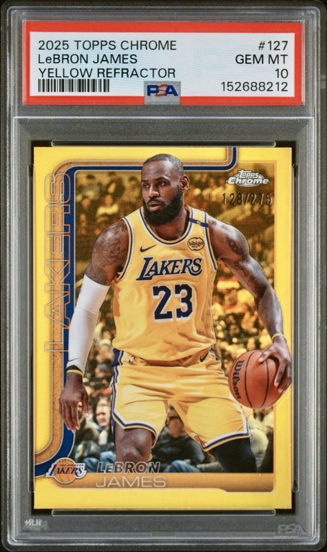 2025 TOPPS CHROME YELLOW REFRACTOR #127 LEBRON JAMES 128/275 PSA 10