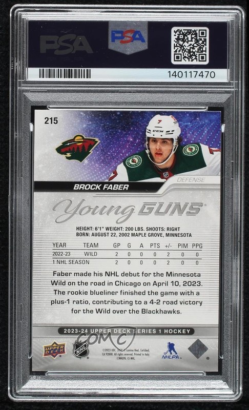 2023-24 Upper Deck Series 1 Young Guns Brock Faber #215 PSA 9 MINT 0tq9 view 2