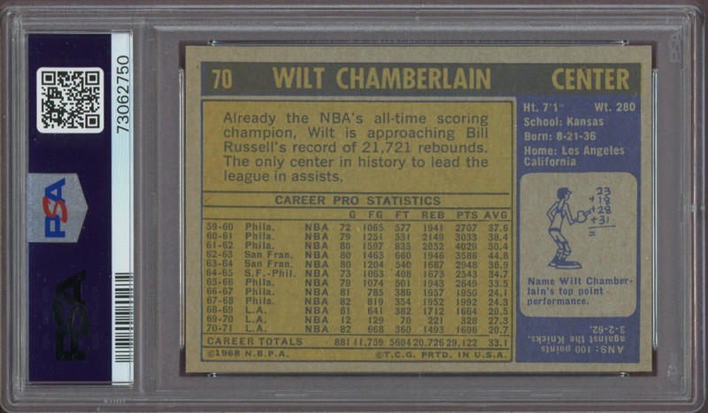 1971 Topps #70 Wilt Chamberlain Los Angeles Lakers PSA 5 view 2