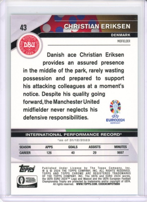 2024 TOPPS CHROME EURO SOCCER GREEN SAPPHIRE VARIATION CHRISTIAN ERIKSEN /99 view 2