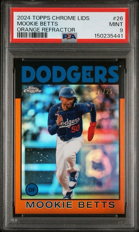 Mookie Betts 2024 Topps Chrome Lids Mitchell & Ness Orange /25 #26 Dodgers PSA 9