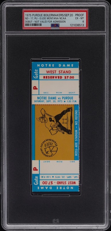 PSA 6 - 1975 JOE MONTANA NCAA DEBUT - PURDUE vs NOTRE DAME FOOTBALL FULL TICKET