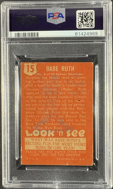 1952 Topps Look 'N See #15 Babe Ruth PSA 1.5 Nice Eye Appeal view 2
