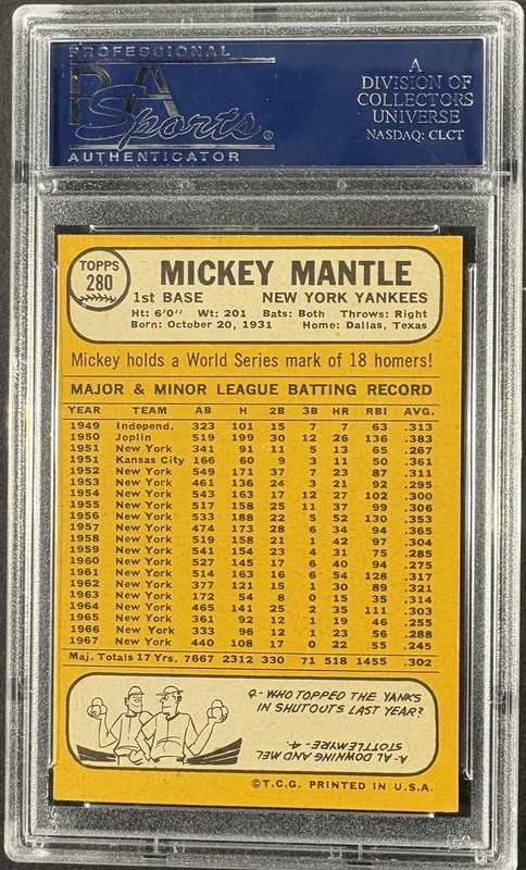 1968 Topps #280 Mickey Mantle PSA 6.5 EX-MT+ CENTERED view 2
