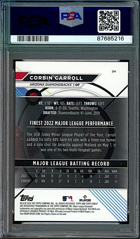 2023 Topps Finest Corbin Carroll Lava Refactor Rookie #45/100 PSA 9 view 2