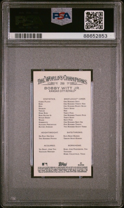 2022 Topps Allen & Ginter Mini Gold Border Bobby Witt Jr #250 PSA 10 POP 42 RC view 2