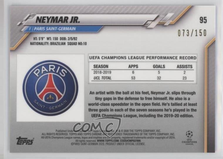 2019-20 Topps Chrome UCL Blue Refractor 73/150 Neymar Jr #95 view 2