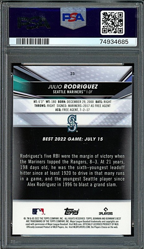 2022 Bowmans Best Julio Rodriguez Atomic Refractor Rookie PSA 10 view 2