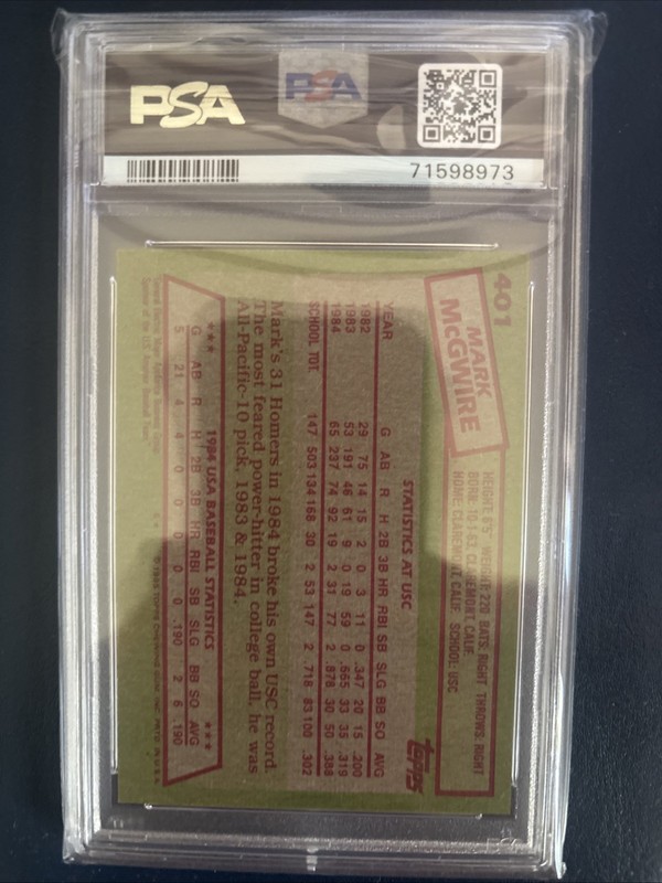 Topps 1985 Mark McGwire #401 (RC) USA Baseball Team. PSA 7 Graded view 2