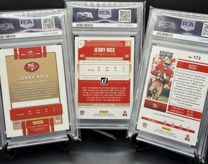 Jerry Rice PSA 10 2017 Playoff #173 2017 Donruss #272 2018 Donruss #229 view 2