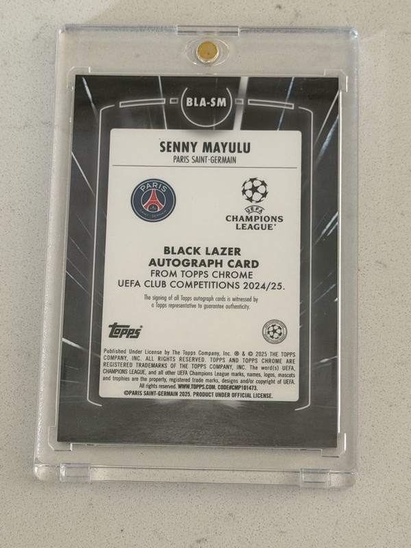 Senny Mayulu 2024-25 Topps Chrome UEFA Club UCC Black Lazer RC Rookie Auto PSG view 2