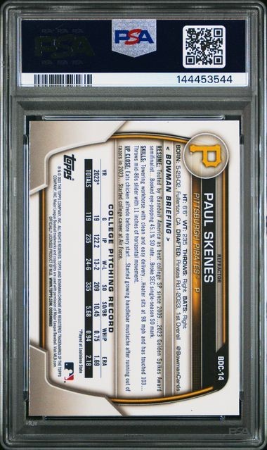 PSA 9 2023 Bowman Chrome Draft Prospects Refractor #DBC14 - Paul Skenes - 1st! view 2