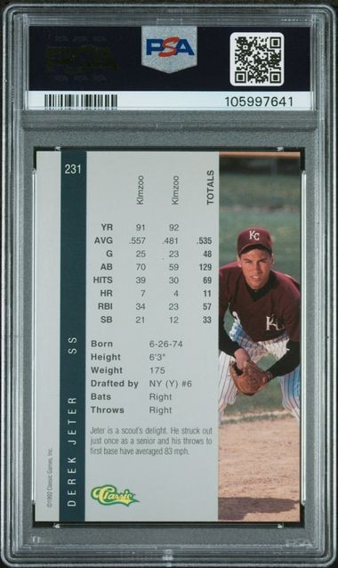 1992 CLASSIC 4 SPORT #231 DEREK JETER PSA 9 view 2